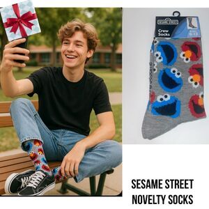 Sesame Street Elmo & Cookie Monster Gray Crew Socks Unisex One Size